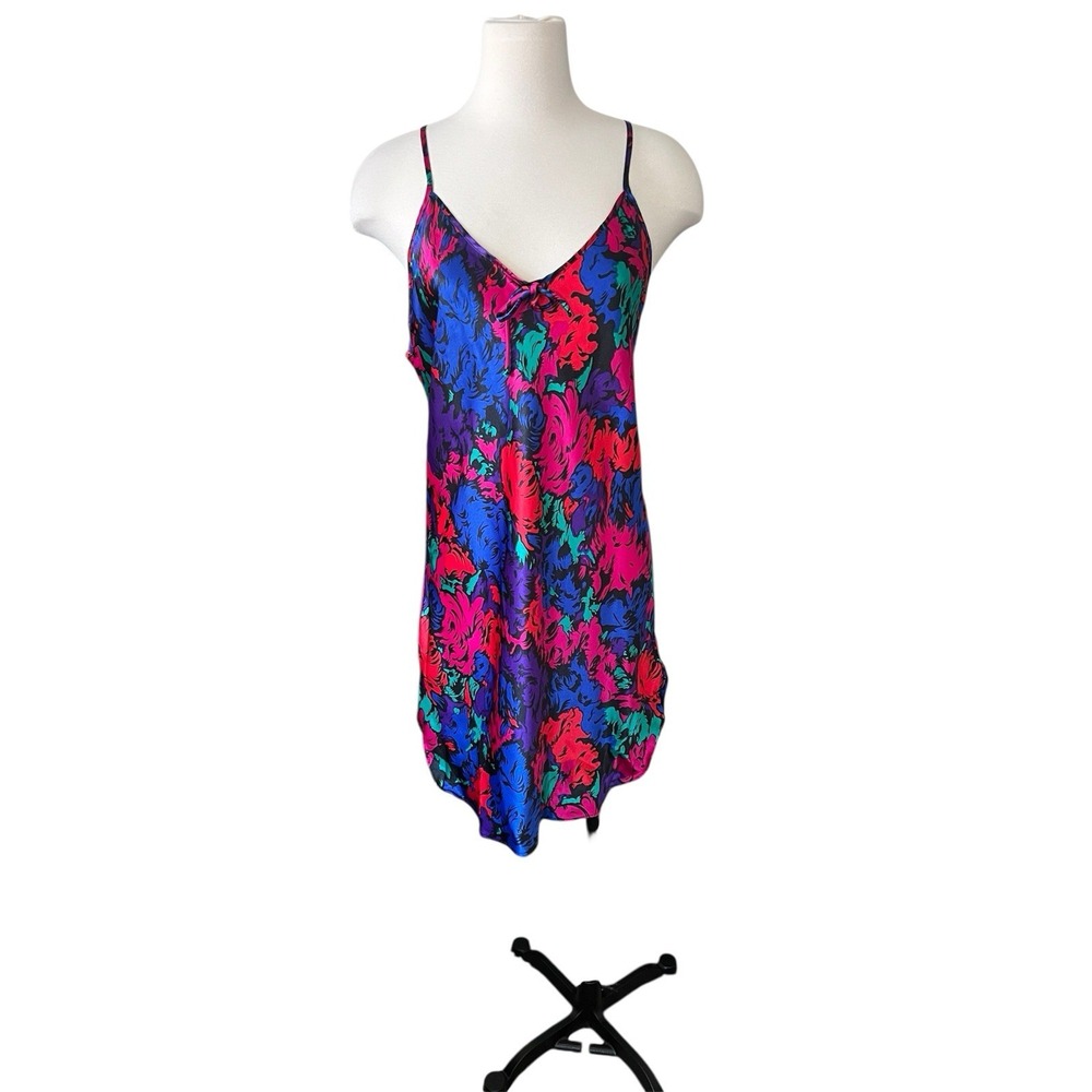 Cine Star Vintage Multicolor Satin Slip Mini Dress Lingerie Size L (M)Whimsigoth